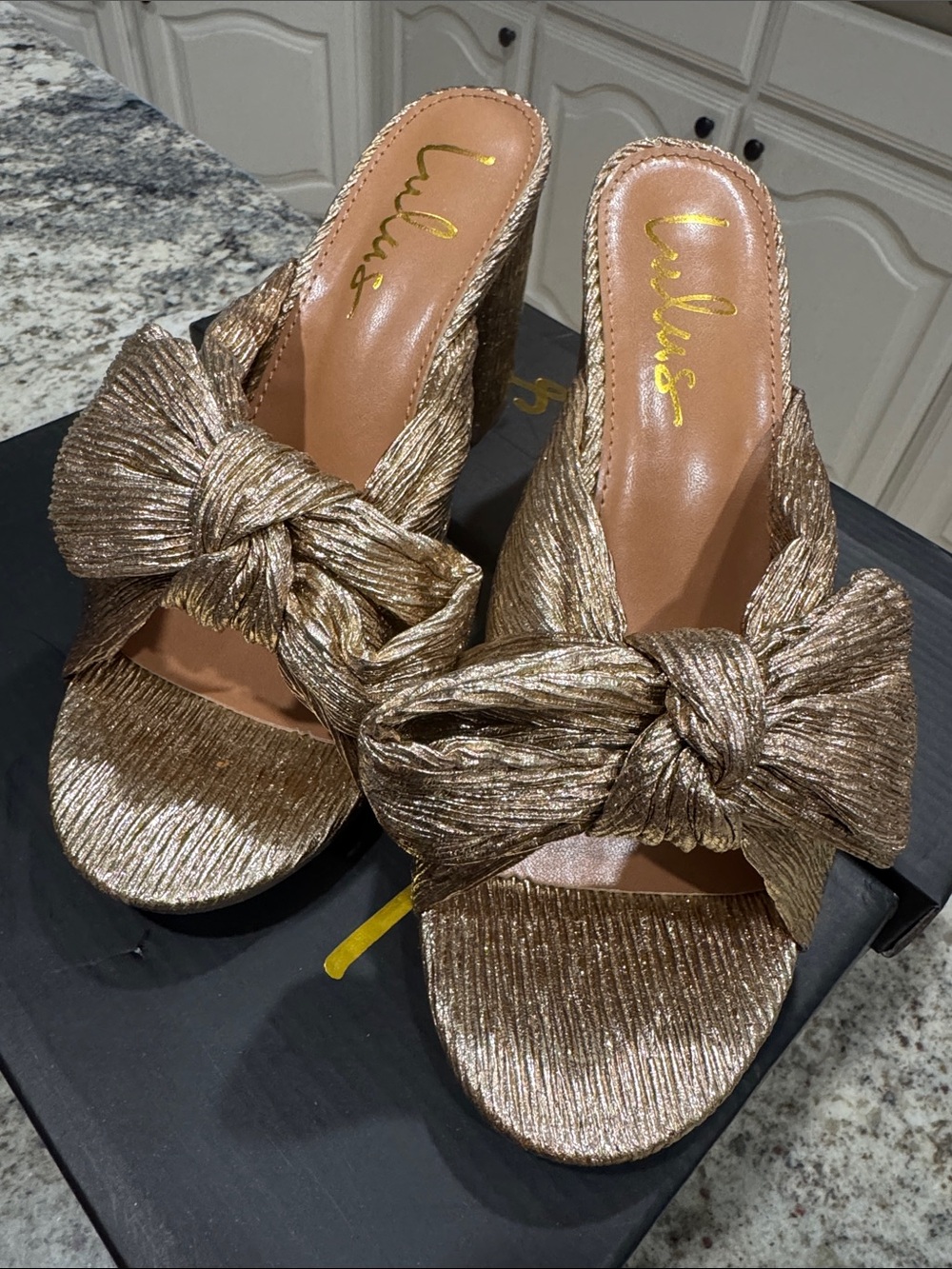 Lulu's Metallic Gold Knot Bow Slide Heels
